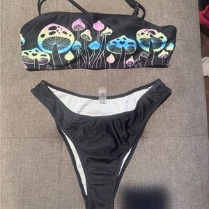Black Bikini with Colorful Mushroom Design